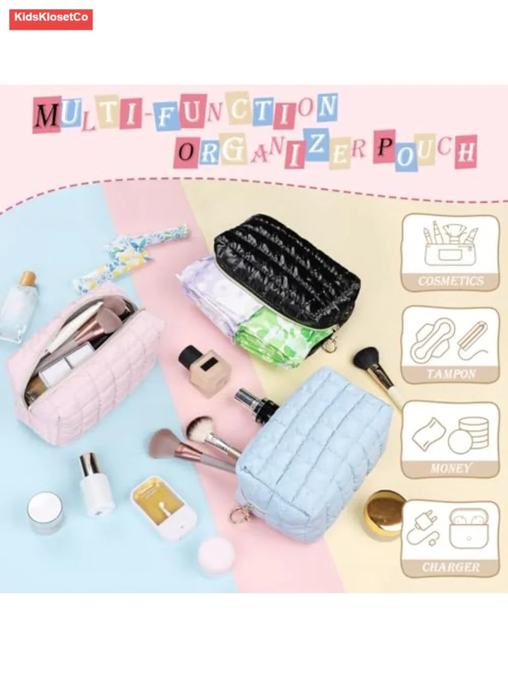 Quilted PU Cosmetic Bag Pouch Travel Toiletry Organizer Small Makeup Purse